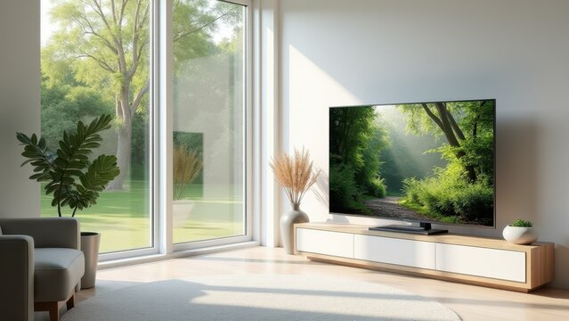 Ultra HD TV Mockup, Modern living room with bay window Ultra HD TV on stand displaying nature documentary photorealistic.