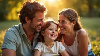 Joyful family of three spending quality time together in a vibrant park on a sunny day