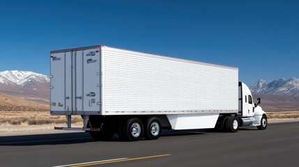 A cargo truck with a trailer moves along a snowy highway beneath a bright blue sky, captured from behind another vehicle