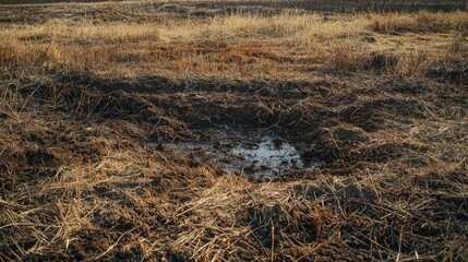 Drought Affected Agricultural Field With Puddle in Dry Ground