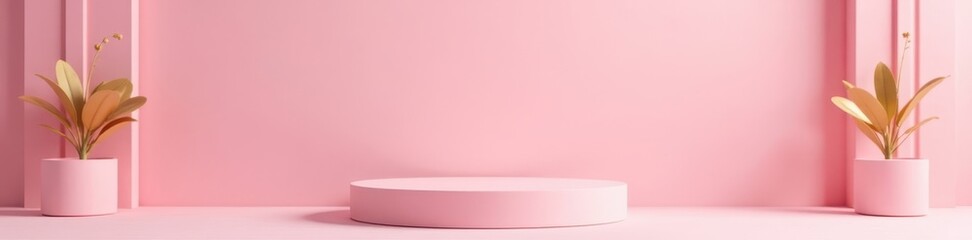 Obraz premium Pastel pink podium, gold accents, minimalist design, texture, shelf