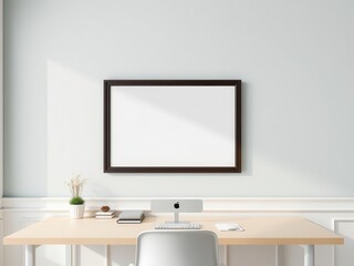 A mockup of office wall art displayed above a clean and organized workspace, workspace, desk organization, office supplies