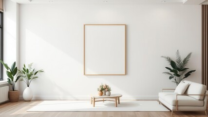 A mockup of a minimalist and modern wall art design displayed in a stylish room setting, empty, creative, blank