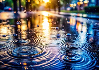 Rainy Weather Reflection on Puddle and Raindrops Abstract Background