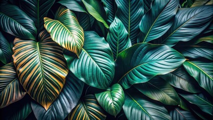Exotic tropical leaves with dark foliage and faded background textures, creating a mysterious atmosphere, mysterious