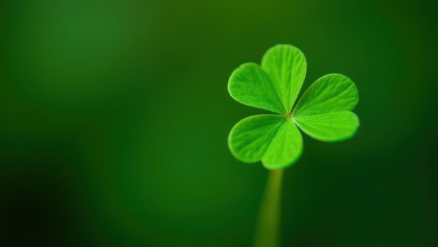 Single four-leaf clover isolated on a vibrant green background symbolizing luck and good fortune.