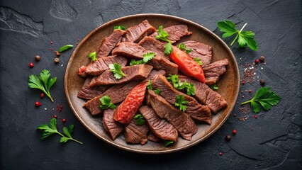 Raw Beef Strips on Dark Background -  High-Resolution Stock Photo