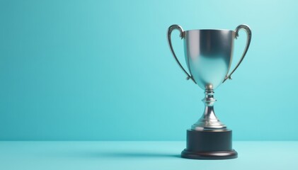 Silver trophy cup on pastel blue background Subtle lighting , luxury, winning