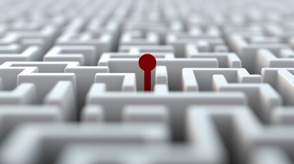3D render of red pin stuck in center of white maze background, problem-solving searching business concept
