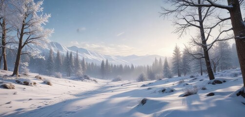 Fototapeta premium Snowflakes falling gently on a winter landscape, peaceful sky, snowflakes