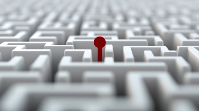3D render of red pin stuck in center of white maze background, problem-solving searching business concept