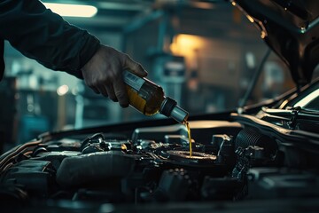 Mechanic Pouring Engine Oil into a Car Engine in a Workshop. AI generated image