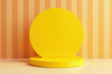 Bright yellow circular stand on soft striped background; ideal for showcasing products, stripes, display