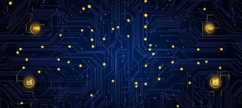Blue Circuit Board with Glowing Nodes and Market Data Icons, Technology and Finance Concept