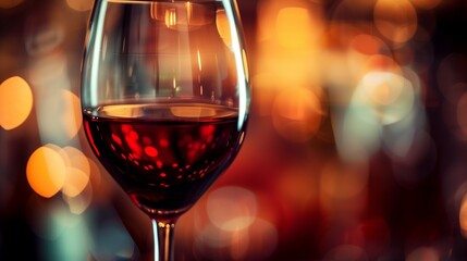 A close-up of a glass wine goblet, filled with red wine, with the rich color reflecting in the glass and soft ambient lighting in the background.