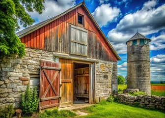 Rustic Farmhouse with Barn Door and Exposed Stone Wall - Idyllic Countryside Scene