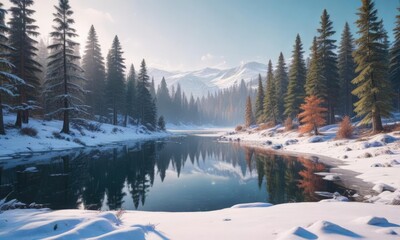 Snowy landscape with a frozen lake in the foreground, pine trees and snowflakes gently falling, wintry, gently falling