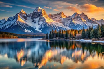 Snowy mountain range at sunset with majestic peaks and serene lake, sunrise, landscape, serene, rugged terrain