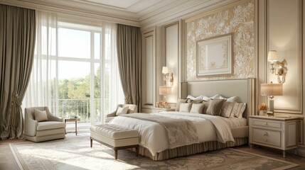 Fototapeta premium Elegant and Luxurious Bedroom with Natural Light and Stylish Decor