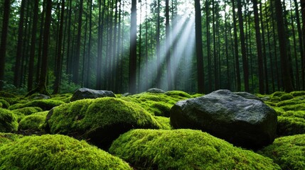 Mountain peak nature idea. Sunlight filters through tall trees onto a moss-covered forest floor with rocks.