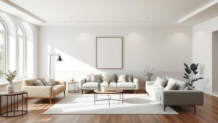 Fototapeta premium A minimalist living room with a spacious layout featuring a mockup of stylish wall art, modern, minimalist, home decor