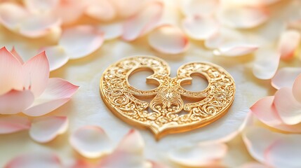 Obraz premium Golden Heart Shaped Ornament Amidst Lotus Petals