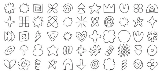 Set of hand drawn doodles in style of retro futuristic y2k brutalism elements. Postmodern groovy black contour outline vector design