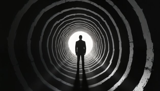 Man in suit looks ahead at light in spiral tunnel. Dark tunnel effect creates mysterious atmosphere. Visualizes James Bond style. Image evocative of suspense, unknown. Suitable for business, mystery,
