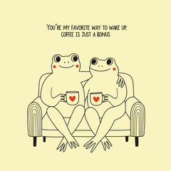 Vector black, red and white illustration with couple frogs in love sitting on sofa and holding cups with tea or coffee. Romantic print design, greeting card template, home or bar wall decoration typo