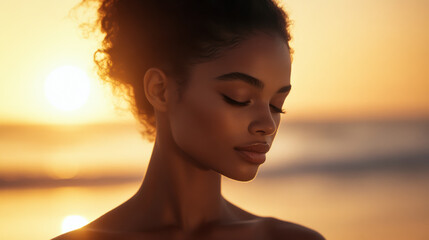 Fototapeta premium Smiling woman enjoying sunset at the beach with city skyline in the background