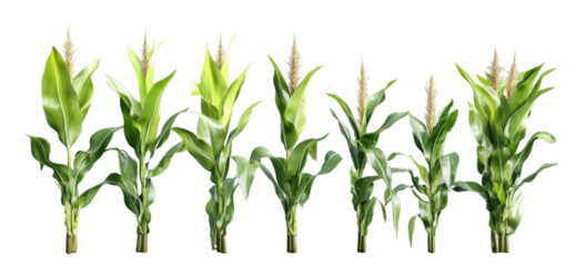 A row of corn plants are shown in various stages of growth