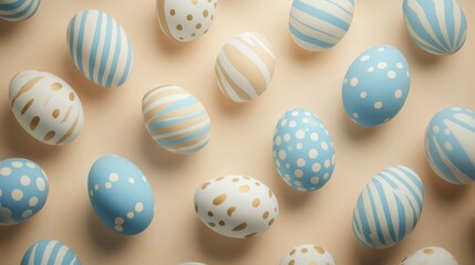 Obraz premium Blue and beige Easter eggs on a beige background, top view, Easter pattern