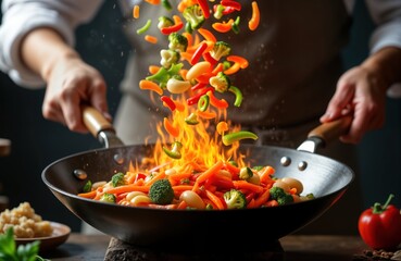 Chef skillfully tossing colorful vegetables in hot wok pan. Flaming wok shows vegetables flying in air. Fresh Asian meal preparation in dark kitchen. Close-up view. Hot, vibrant cooking action. Chef