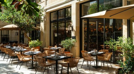 Fototapeta premium Cozy Outdoor Dining Area with Elegant Furniture and Greenery