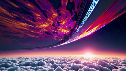 A stylized cosmic sunset where saturated orange light meets neon magenta streaks, the suspended roadway reflecting shimmering patterns onto the cloudscape below. - Powered by Adobe