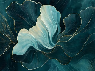 Abstract teal and gold floral artwork, swirling teal and gold lines creating a flower-like form, perfect for home decor, wall art, and luxury branding