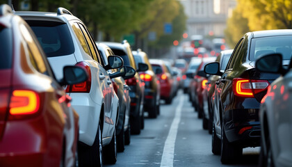 Cars lined up tightly in city street. Traffic jam. Pedestrians patiently waiting to cross. Urban congestion. Busy city lifestyle. Rush hour. People commuting. Busy urban landscape. Heavy traffic flow