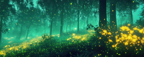 Abstract glowing forest with vibrant green and yellow hues