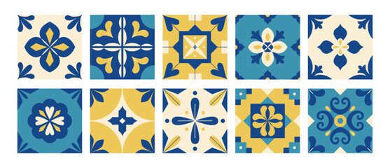 Mediterranean tile blue pattern. Floral geometric arabesque. Italian, Portuguese, Spanish, Greek tiles background in traditional style. Wall and floor interior design. Mosaic. Vector.