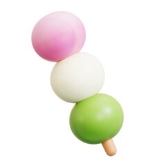 Dango 3D cute cartoon colorful glossy glass pastel isolated icon. Japanese dessert skewer, traditional sweet, food, cultural sweet snack