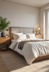 Soft natural light pours into a serene bedroom, illumination, soft