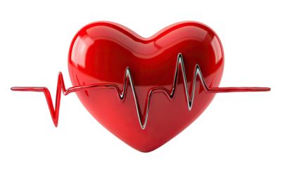 Glossy red heart with an electrocardiogram line, isolated on transparent cutout background