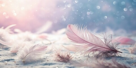 Obraz premium Soft pastel feathers scattered on a dreamy abstract background, peaceful ambiance, light and airy texture, calming scene, soft pastel colors