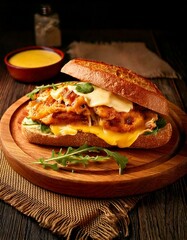 Juicy Chicken Fillet Sandwich with Melted Cheese, Arugula, and Mustard Sauce on Whole-Grain Bun