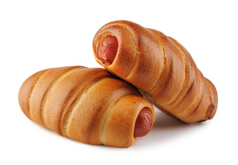 Two sausages in dough isolated on white background.