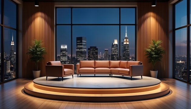 Modern virtual studio backdrop shows city skyline view. Brown leather sectional sofa, armchair. Round stage area. Ideal for online meetings, TV shows, product demos, conferences. Realistic 3D render