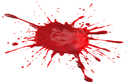 Realistic blood splatter with scattered droplets, isolated on transparent cutout background
