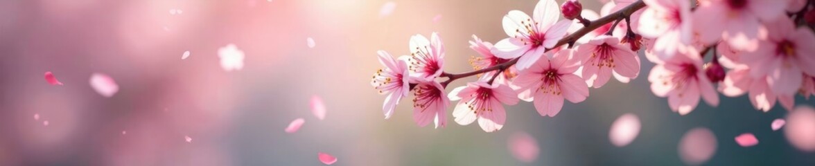 Soft pink cherry blossom petals falling from a weeping willow tree branch, serene, gentle