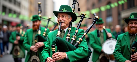 St Patricks Day parade features mature participants playing bagpipes, drums. Traditional Irish music fills city streets. Vibrant green decorations visible throughout event. People wearing green