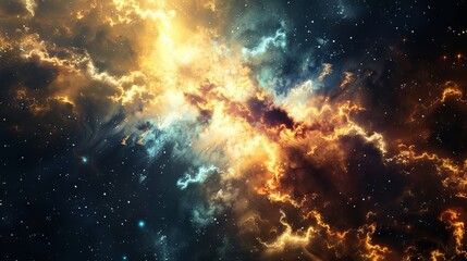 Naklejka premium Vast cosmic landscape of a glowing supernova explosion within a vibrant nebula, surrounded by shimmering stars and the mysterious depths of the universe